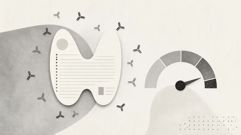 Ilustração editorial abstrata em tons de cinza sobre exame anti-microssomal