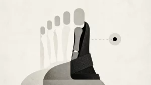 Ilustração editorial abstrata em tons de cinza sobre bota para quinto metatarso fraturado