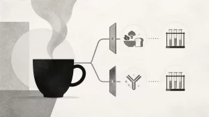 Ilustração editorial abstrata em tons de cinza sobre exame de sangue oculto nas fezes pode tomar café