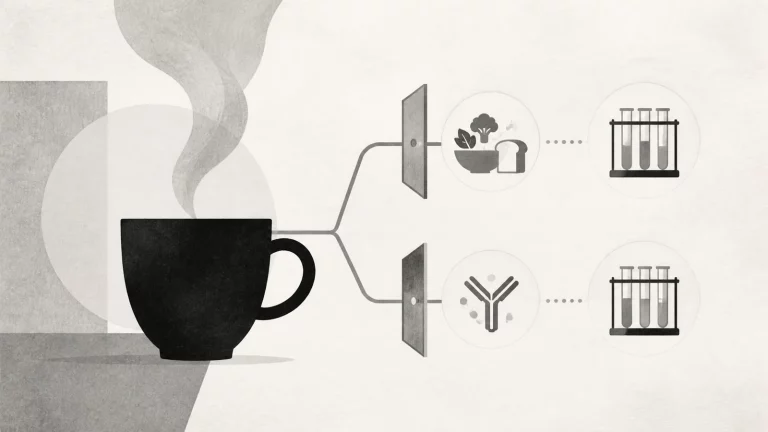 Ilustração editorial abstrata em tons de cinza sobre exame de sangue oculto nas fezes pode tomar café