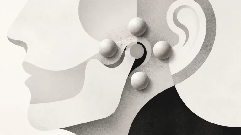 Ilustração editorial abstrata em tons de cinza sobre caroço no maxilar perto do ouvido