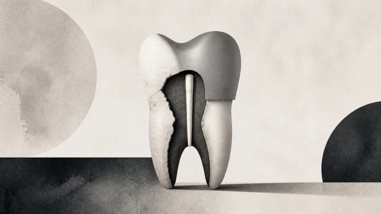 Ilustração editorial abstrata em tons de cinza sobre dente com canal pode cair