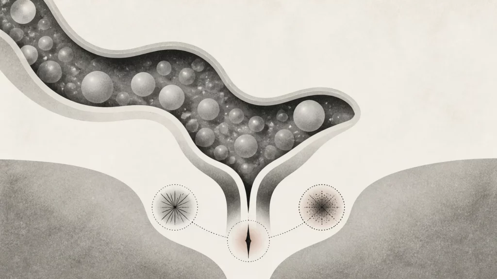 Ilustração editorial abstrata em tons de cinza sobre dor retal e gases
