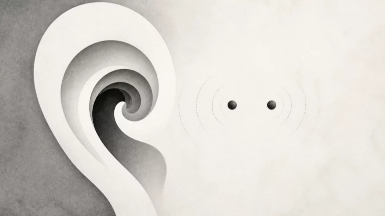 Ilustração editorial abstrata em tons de cinza sobre estalos no ouvido
