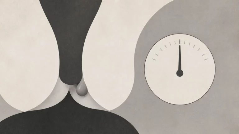 Ilustração editorial abstrata em tons de cinza sobre hemorroida externa que não dói nem sangra