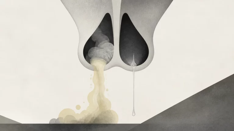 Ilustração editorial abstrata em tons de cinza sobre água amarela saindo do nariz quando abaixo a cabeça