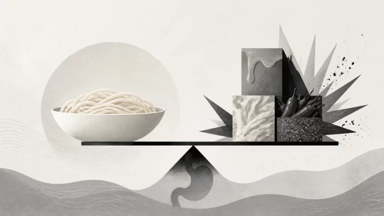 Ilustração editorial abstrata em tons de cinza sobre macarrão faz mal para gastrite