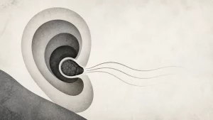 Ilustração editorial abstrata em tons de cinza sobre mau cheiro no ouvido