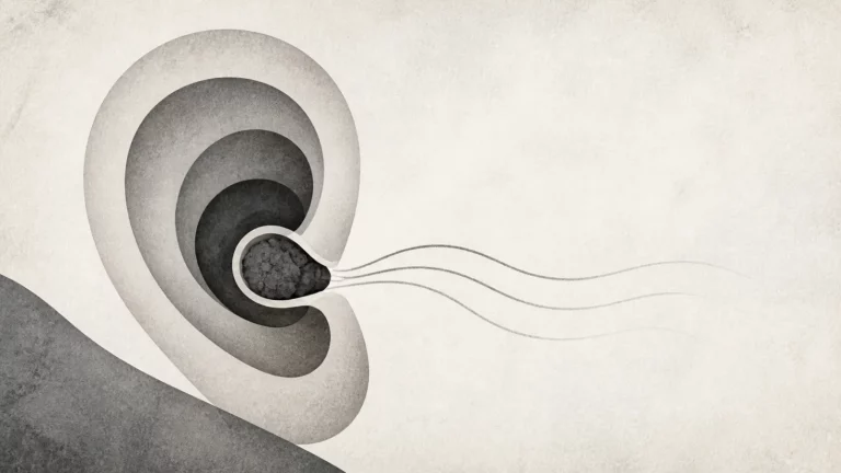 Ilustração editorial abstrata em tons de cinza sobre mau cheiro no ouvido