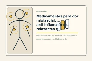 Ilustração mostra medicamentos como ponte junto de exercício e mapa muscular na dor miofascial.