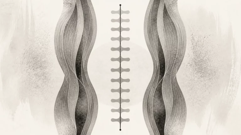 Ilustração editorial abstrata em tons de cinza sobre musculatura paravertebral trófica