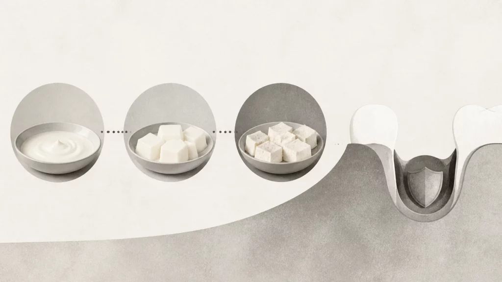 Ilustração editorial abstrata em tons de cinza sobre o que comer quando arranca dente