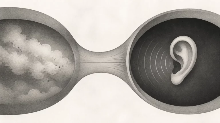 Ilustração editorial abstrata em tons de cinza sobre ouvidos entupidos sinusite