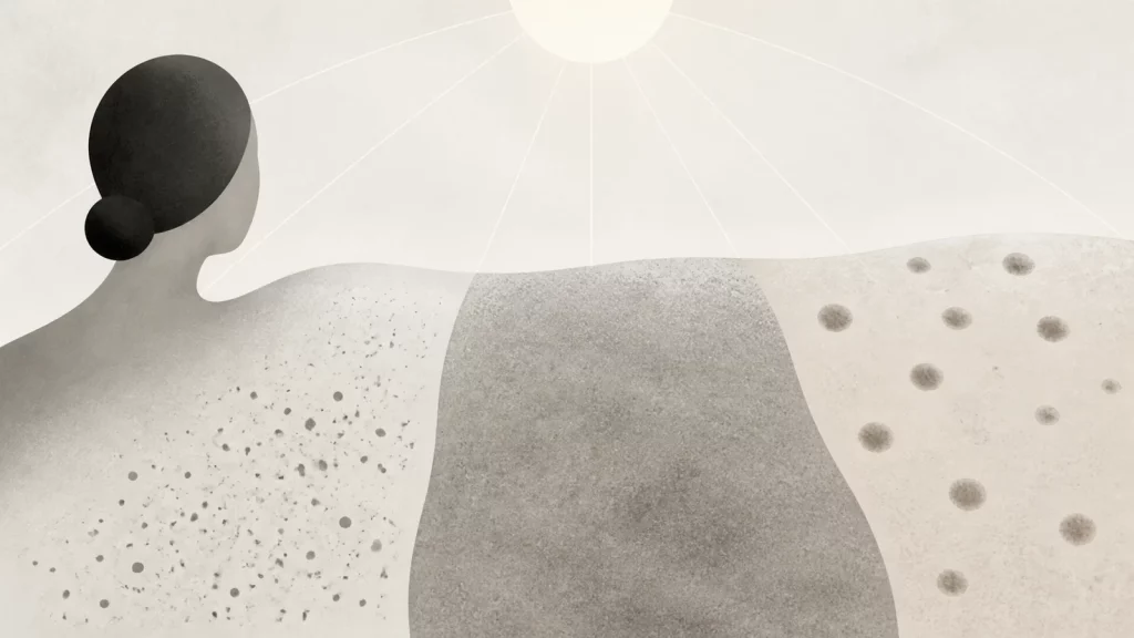 Ilustração editorial abstrata em tons de cinza sobre manchada de sol