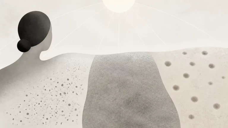 Ilustração editorial abstrata em tons de cinza sobre manchada de sol