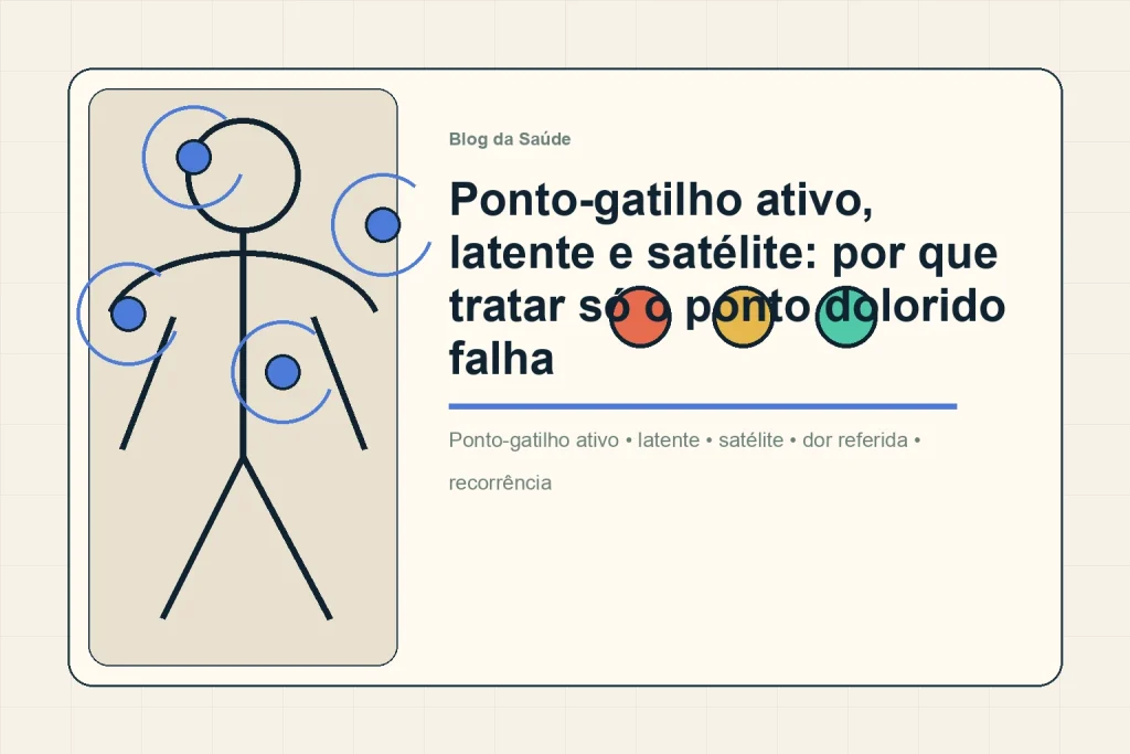 Ilustração mostra pontos-gatilho ativo, latente e satélite em mapa muscular simples.