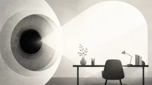 Ilustração editorial abstrata em tons de cinza sobre posso trabalhar depois de dilatar a pupila