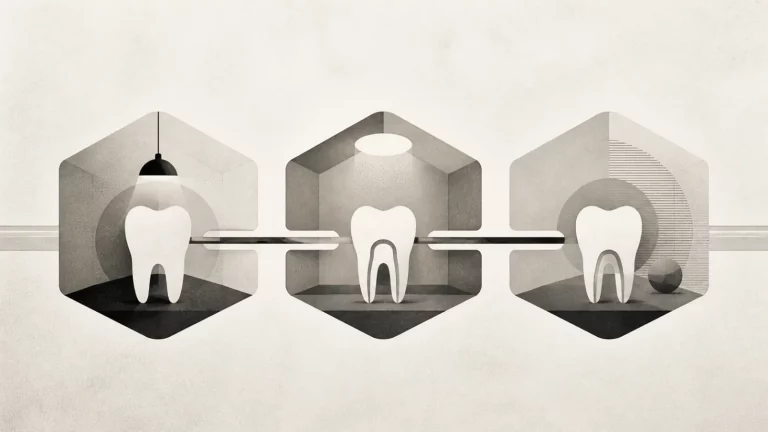 Ilustração editorial abstrata em tons de cinza sobre quanto tempo demora para fazer um canal no dente