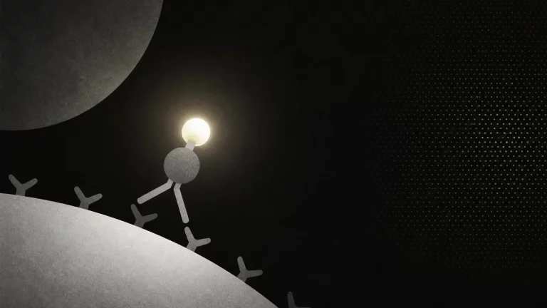 Ilustração editorial abstrata em tons de cinza sobre quimioluminescência exame