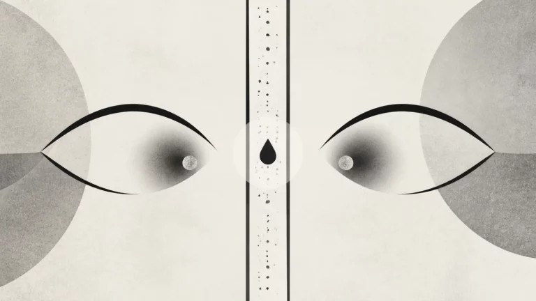 Ilustração editorial abstrata em tons de cinza sobre terçol passa de um olho para o outro