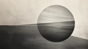 Ilustração editorial abstrata em tons de cinza sobre tonturas e zumbidos nos ouvidos