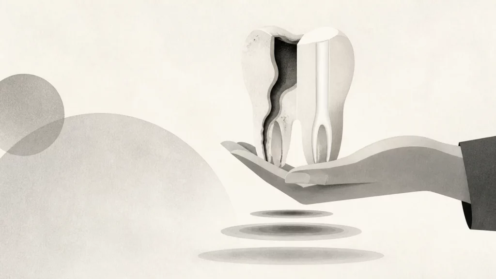 Ilustração editorial abstrata em tons de cinza sobre canal nos dentes dói