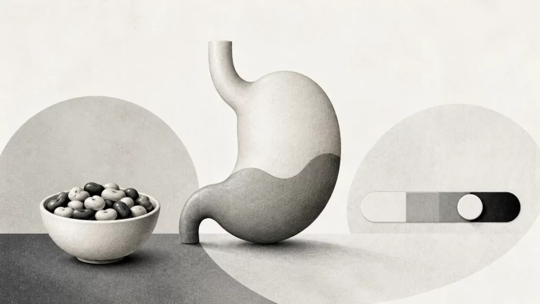 Ilustração editorial abstrata em tons de cinza sobre quem tem úlcera pode comer feijão