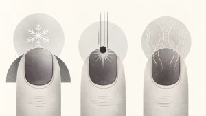 Ilustração editorial abstrata em tons de cinza sobre unhas roxas: o que pode ser