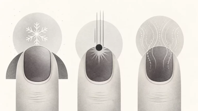 Ilustração editorial abstrata em tons de cinza sobre unhas roxas: o que pode ser